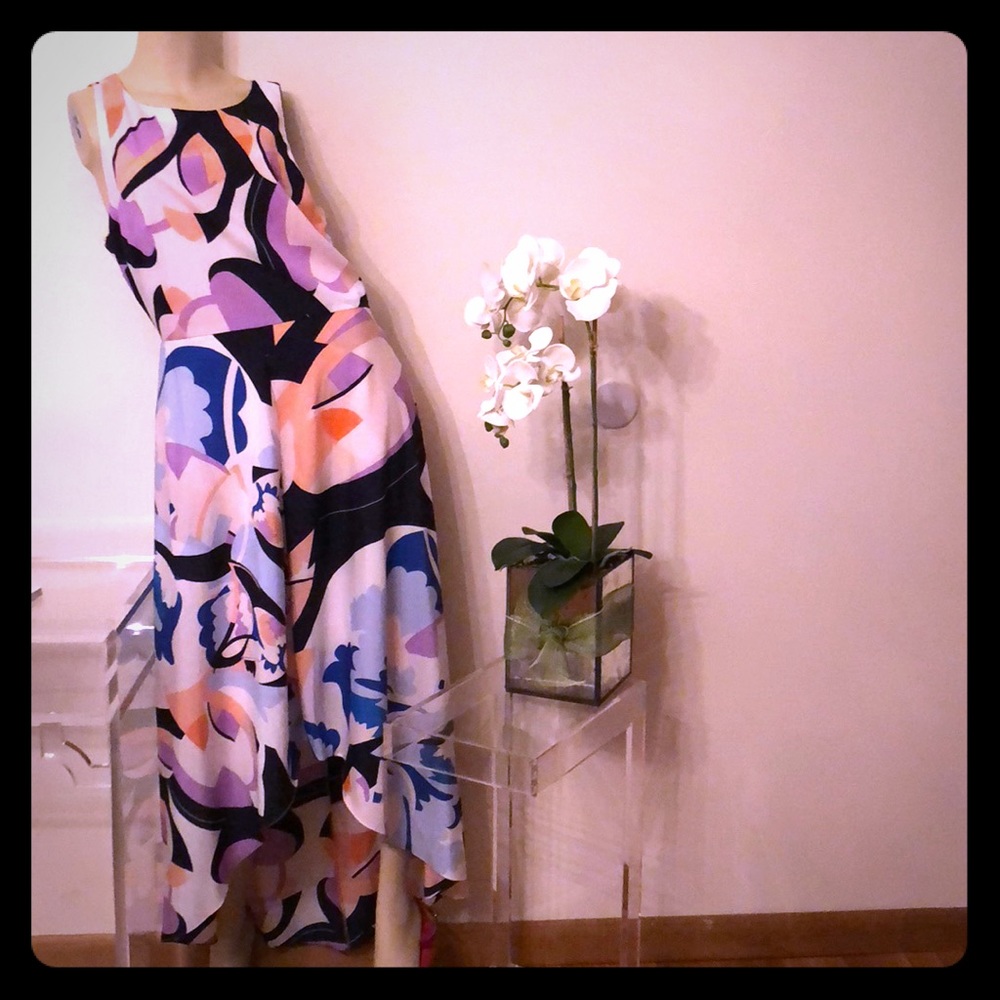 Nicole Miller 14, Maxidress w/Cutout Lower Back, Pucci Print, Hi/Lo hemline, NWT